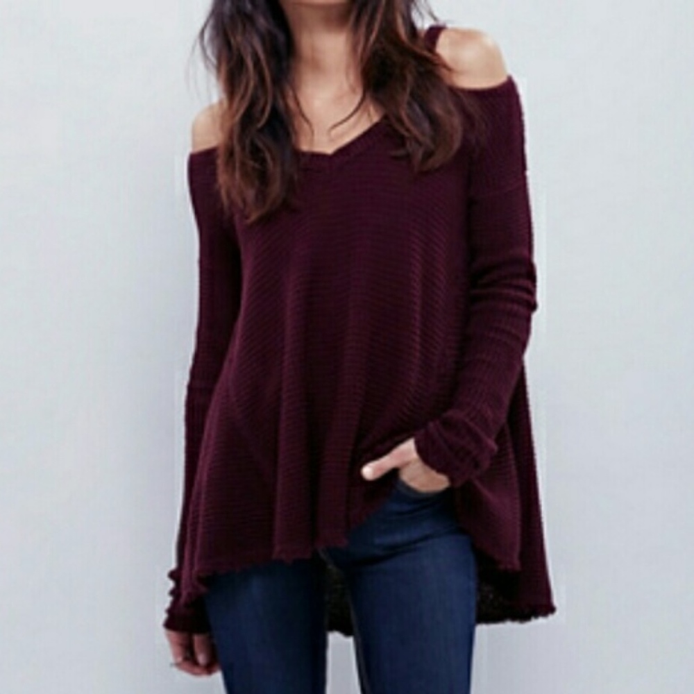 Cold Shoulder Waffle Knit Sweater
